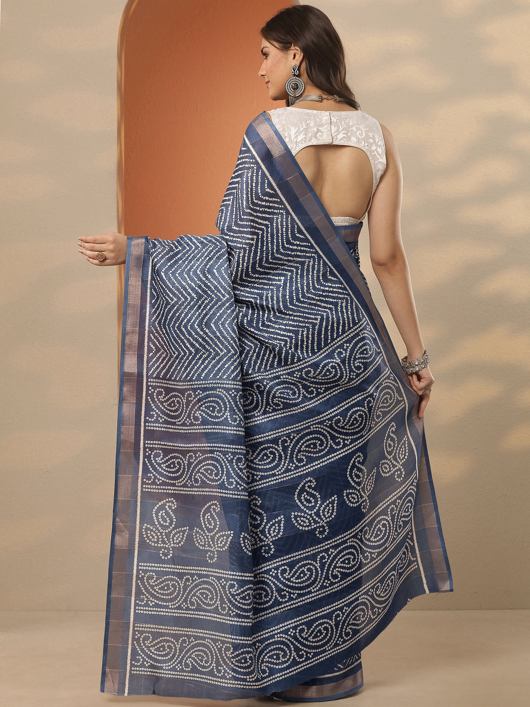  Blue Leheriya Printed Silk Blend Saree With Unstitched Blouse Piece 