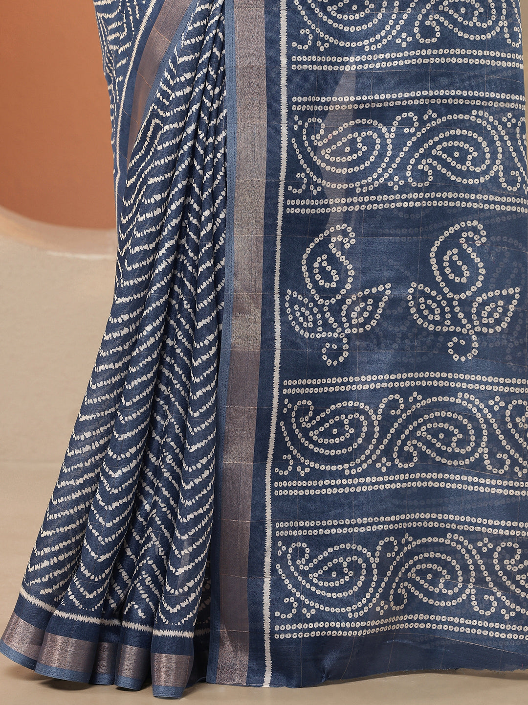  Blue Leheriya Printed Silk Blend Saree With Unstitched Blouse Piece 