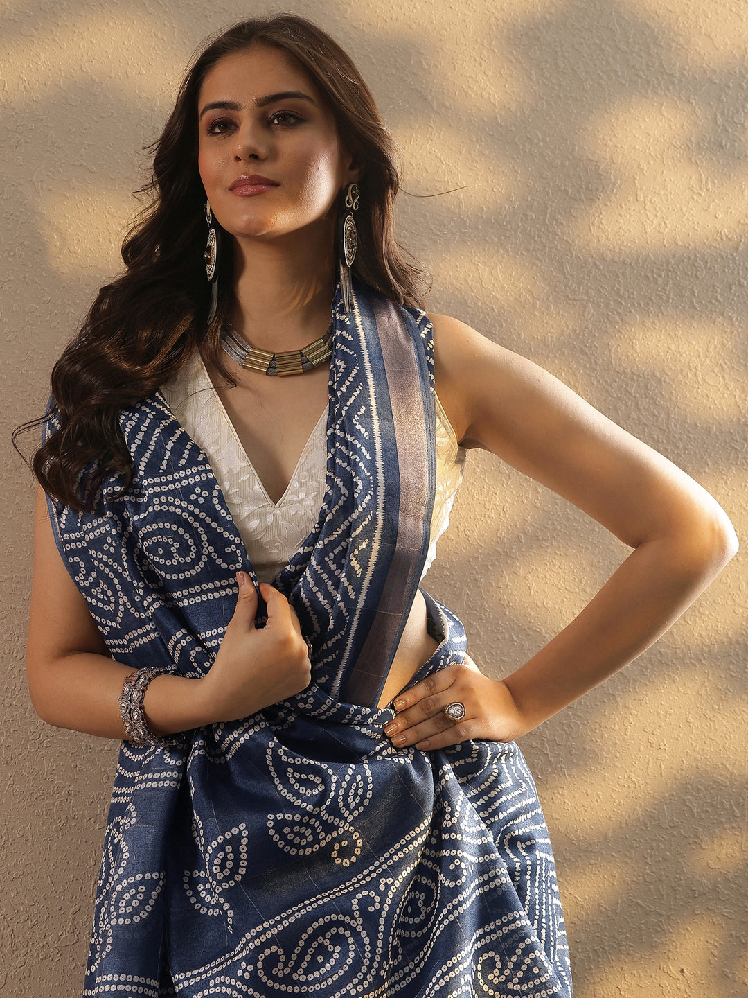  Blue Leheriya Printed Silk Blend Saree With Unstitched Blouse Piece 