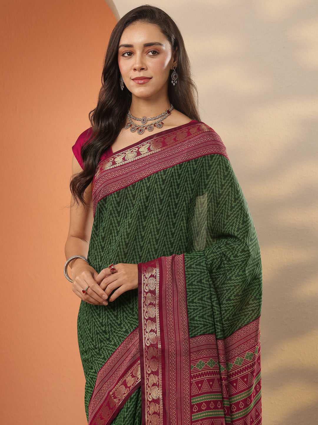  Green Leheriya Printed Silk Blend Saree With Unstitched Blouse Piece 