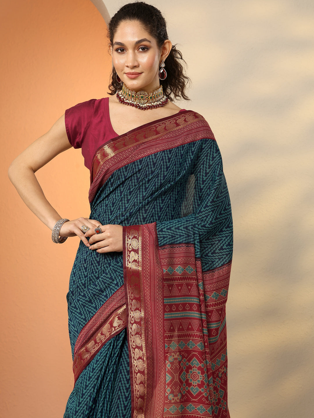  Blue Chevron Printed Silk Blend Saree With Unstitched Blouse Piece 
