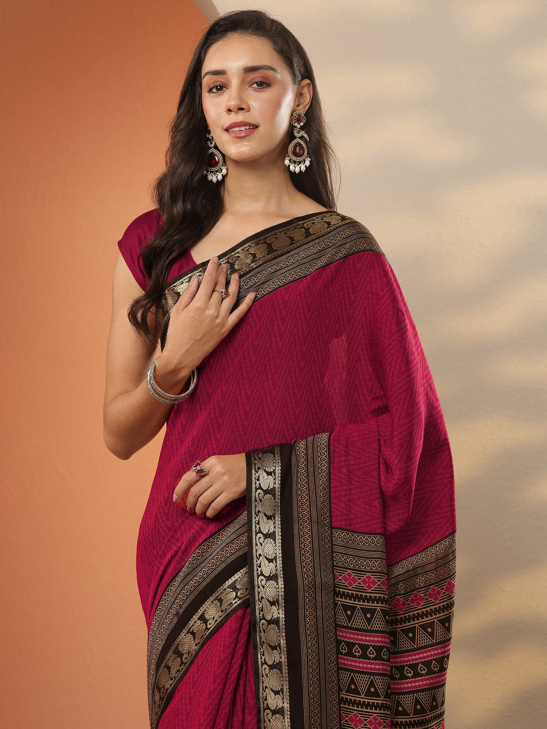  Red Leheriya Printed Silk Blend Saree With Unstitched Blouse Piece 