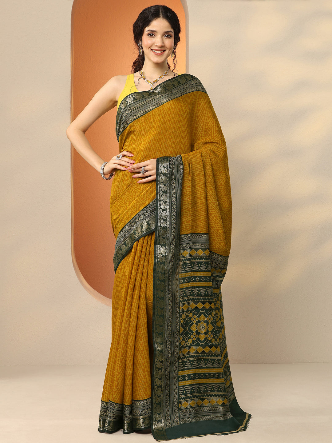  Mustard Chevron Printed Silk Blend Saree With Unstitched Blouse Piece 