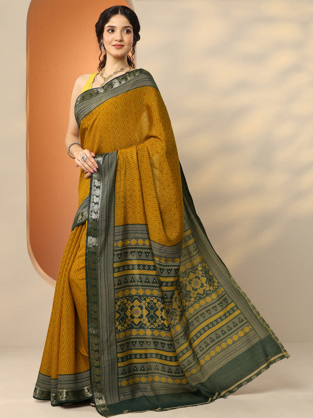  Mustard Chevron Printed Silk Blend Saree With Unstitched Blouse Piece 