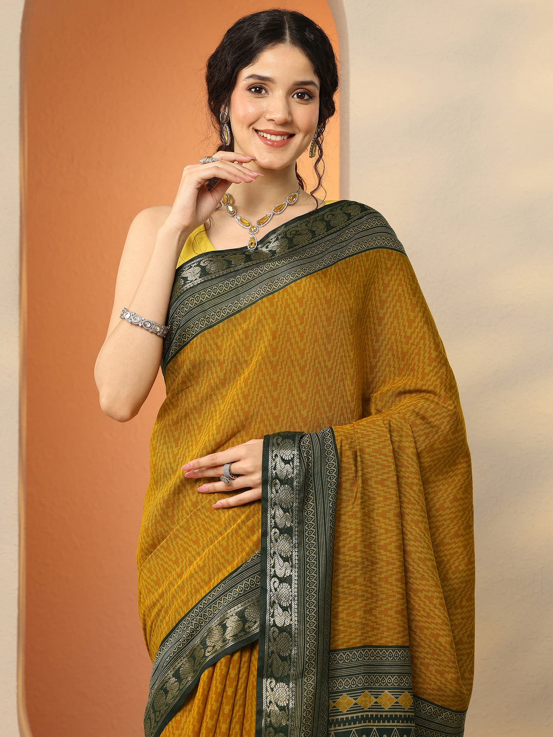  Mustard Chevron Printed Silk Blend Saree With Unstitched Blouse Piece 