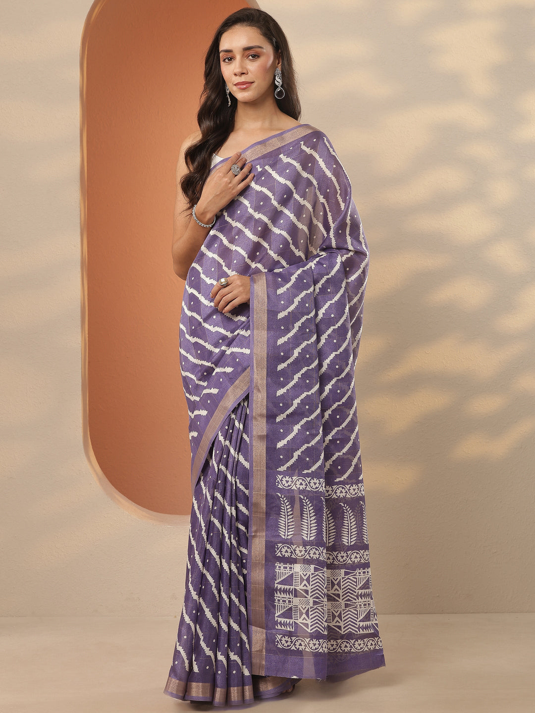  Lavender Leheriya Printed Silk Blend Saree With Unstitched Blouse Piece 