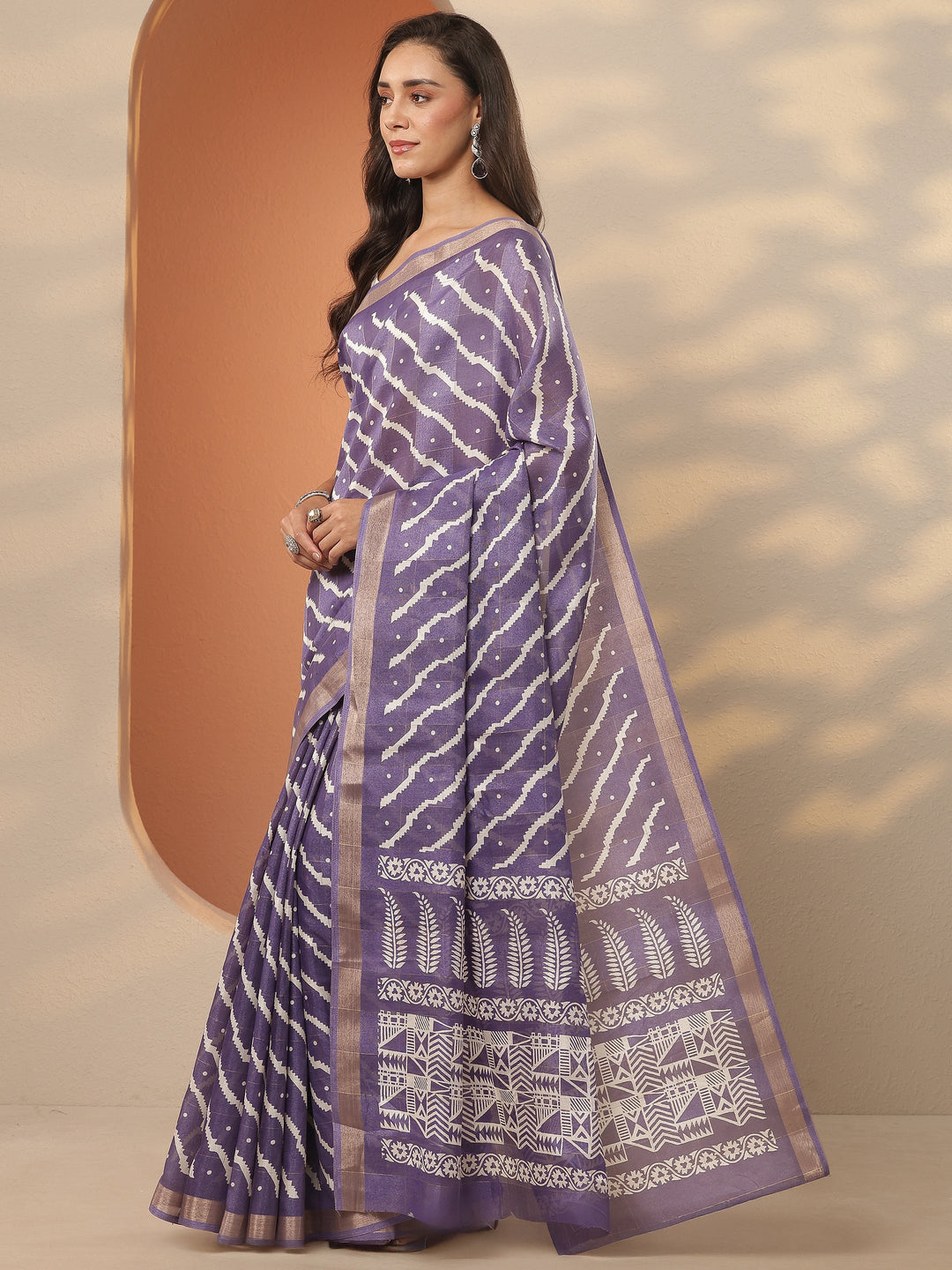  Lavender Leheriya Printed Silk Blend Saree With Unstitched Blouse Piece 