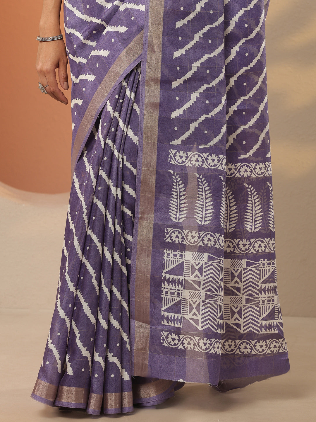  Lavender Leheriya Printed Silk Blend Saree With Unstitched Blouse Piece 