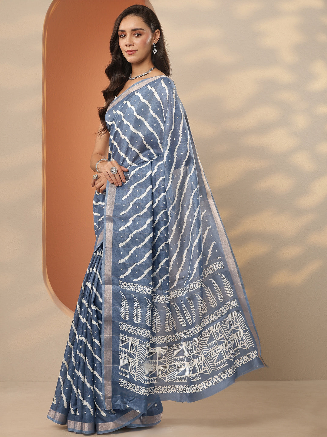  Blue Leheriya Printed Silk Blend Saree With Unstitched Blouse Piece 