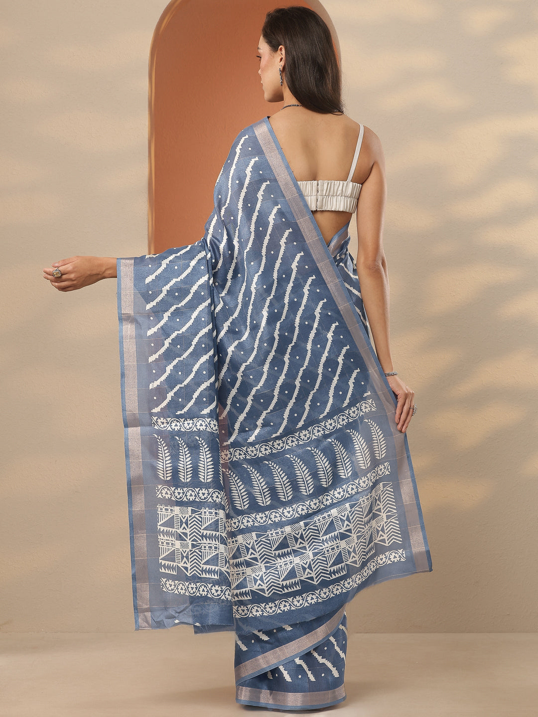  Blue Leheriya Printed Silk Blend Saree With Unstitched Blouse Piece 