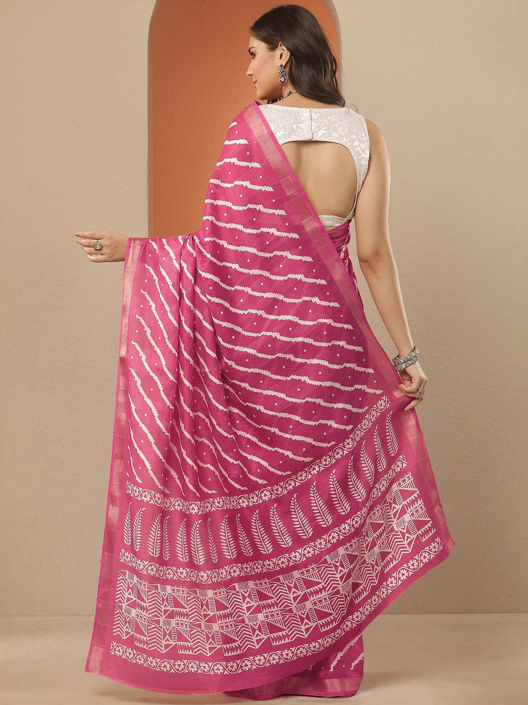  Pink Leheriya Printed Silk Blend Saree With Unstitched Blouse Piece 