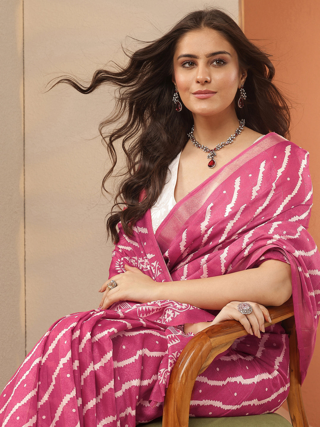  Pink Leheriya Printed Silk Blend Saree With Unstitched Blouse Piece 