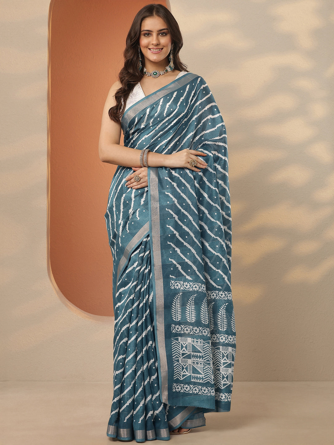  Teal Leheriya Printed Silk Blend Saree With Unstitched Blouse Piece 