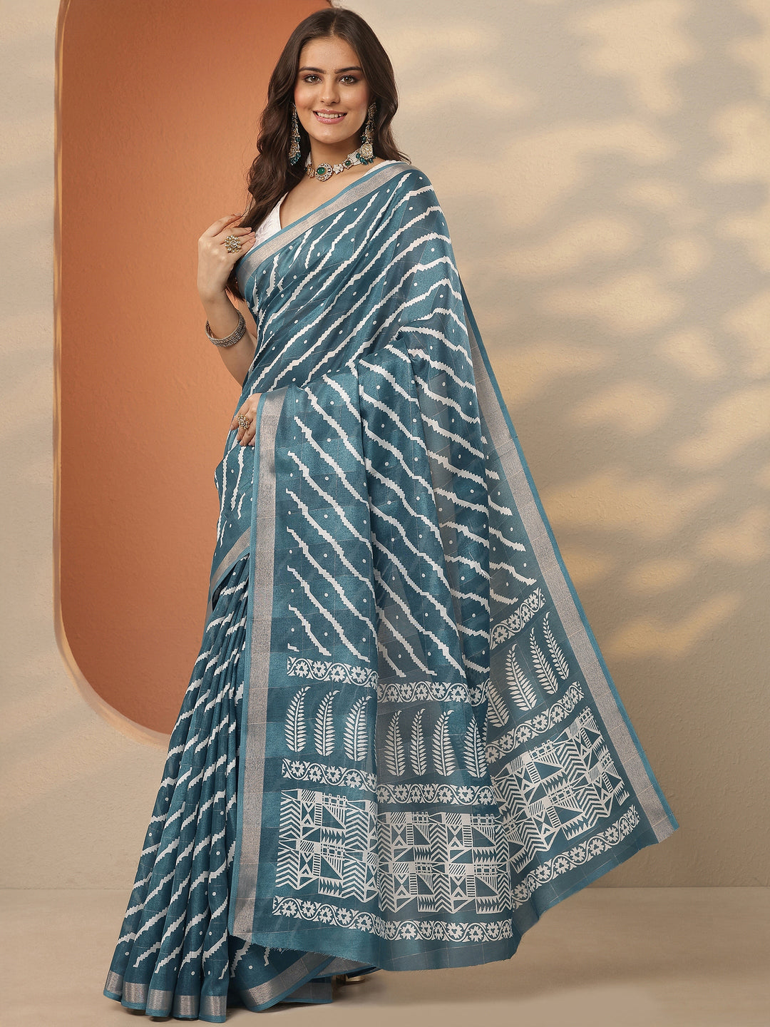  Teal Leheriya Printed Silk Blend Saree With Unstitched Blouse Piece 