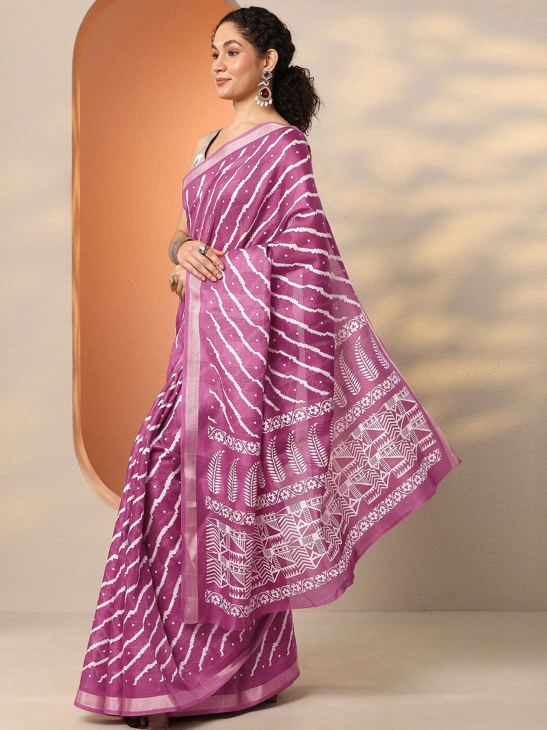  Mauve Leheriya Printed Silk Blend Saree With Unstitched Blouse Piece 