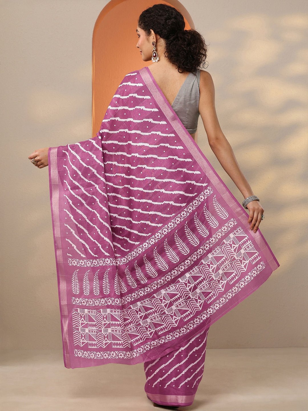  Mauve Leheriya Printed Silk Blend Saree With Unstitched Blouse Piece 