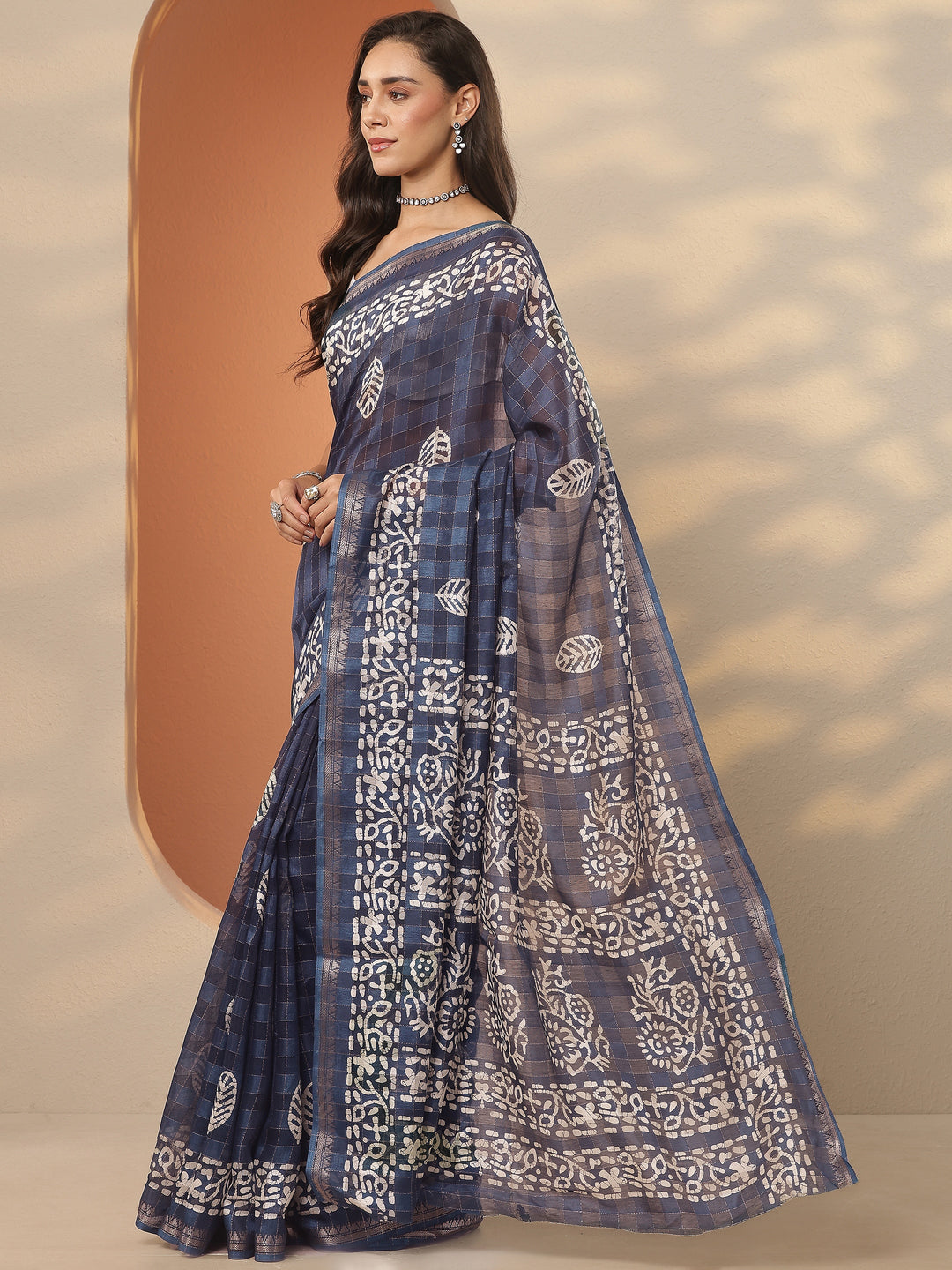  Blue Printed Silk Blend Saree With Unstitched Blouse Piece 