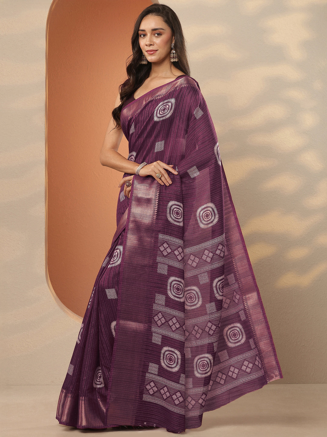  Burgundy Printed Silk Blend Saree With Unstitched Blouse Piece 