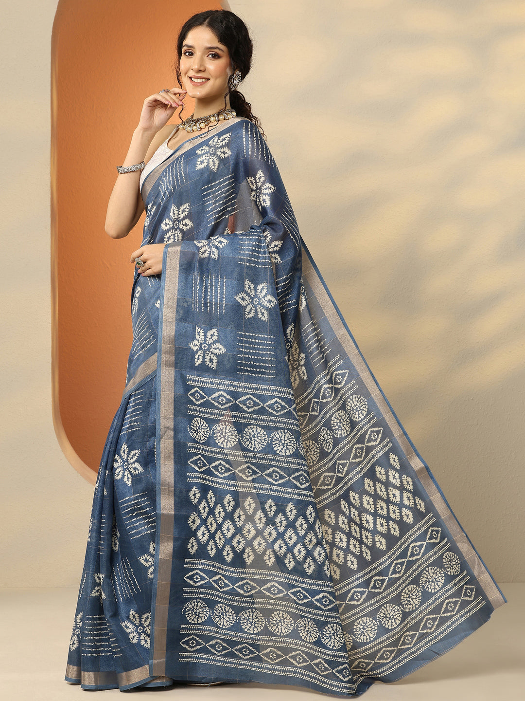  Navy Blue Printed Silk Blend Saree With Unstitched Blouse Piece 
