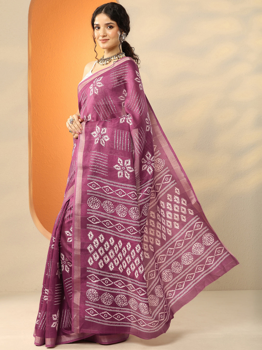 Mauve Printed Silk Blend Saree With Unstitched Blouse Piece 