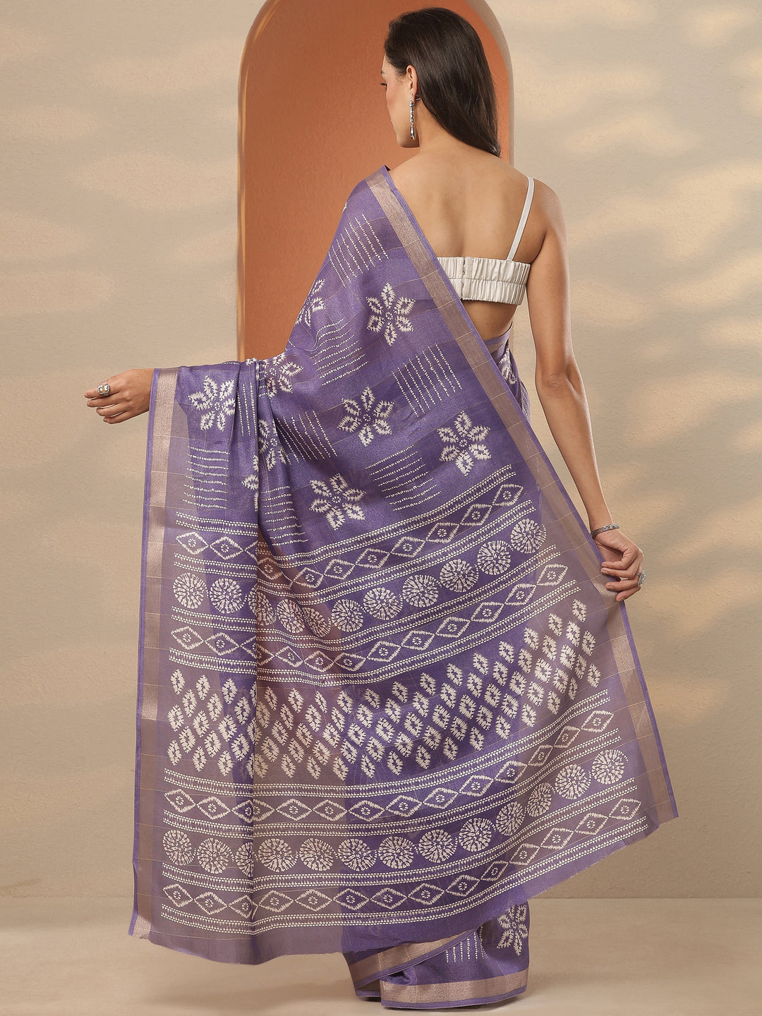  Lavender Printed Silk Blend Saree With Unstitched Blouse Piece 