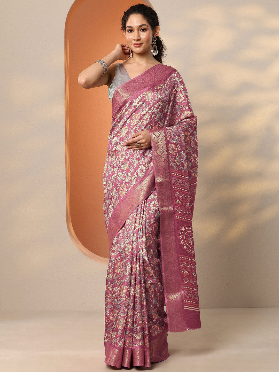  Mauve Printed Silk Blend Saree With Unstitched Blouse Piece 