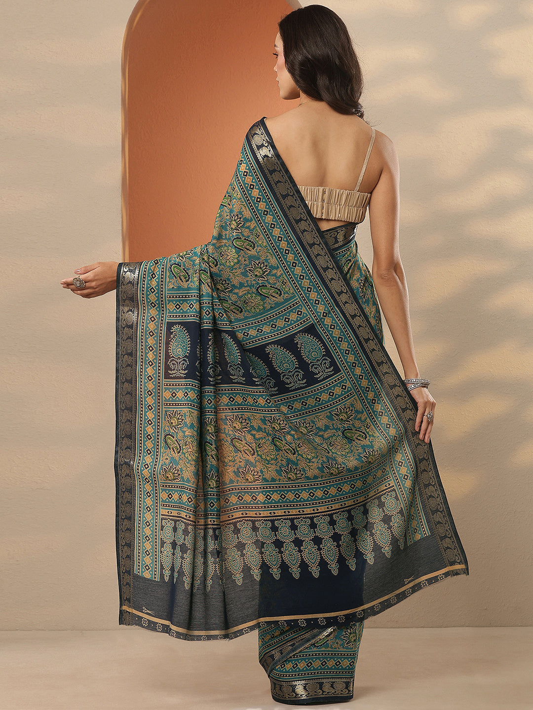  Teal Printed Silk Blend Saree With Unstitched Blouse Piece 