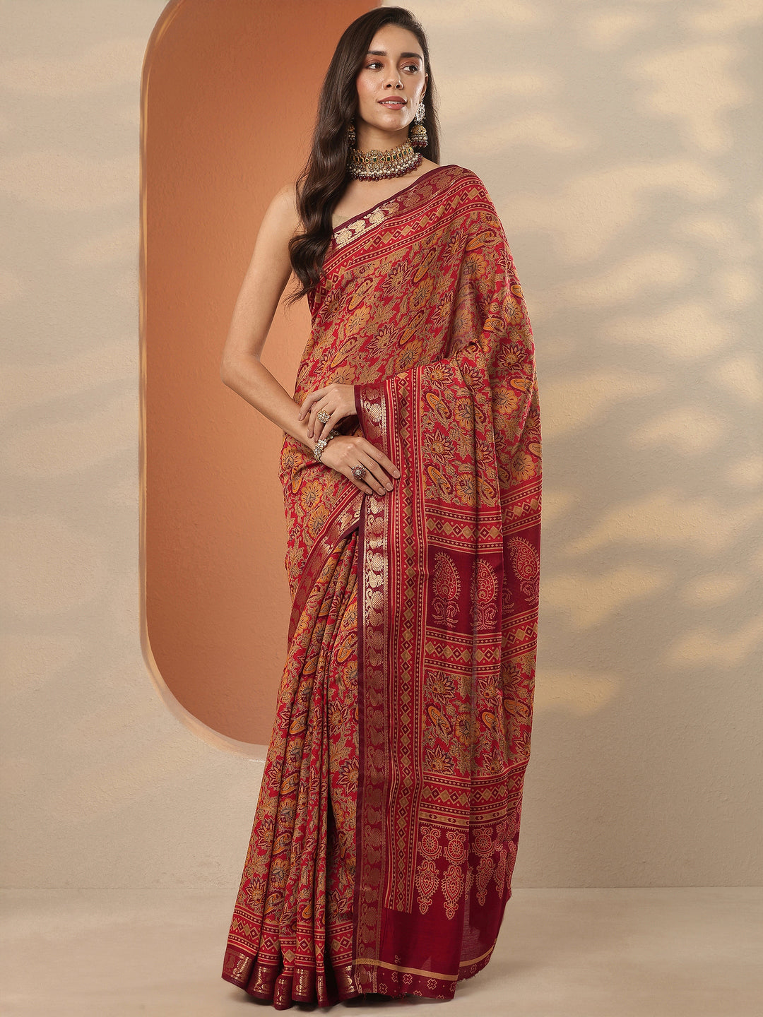  Red Printed Silk Blend Saree With Unstitched Blouse Piece 