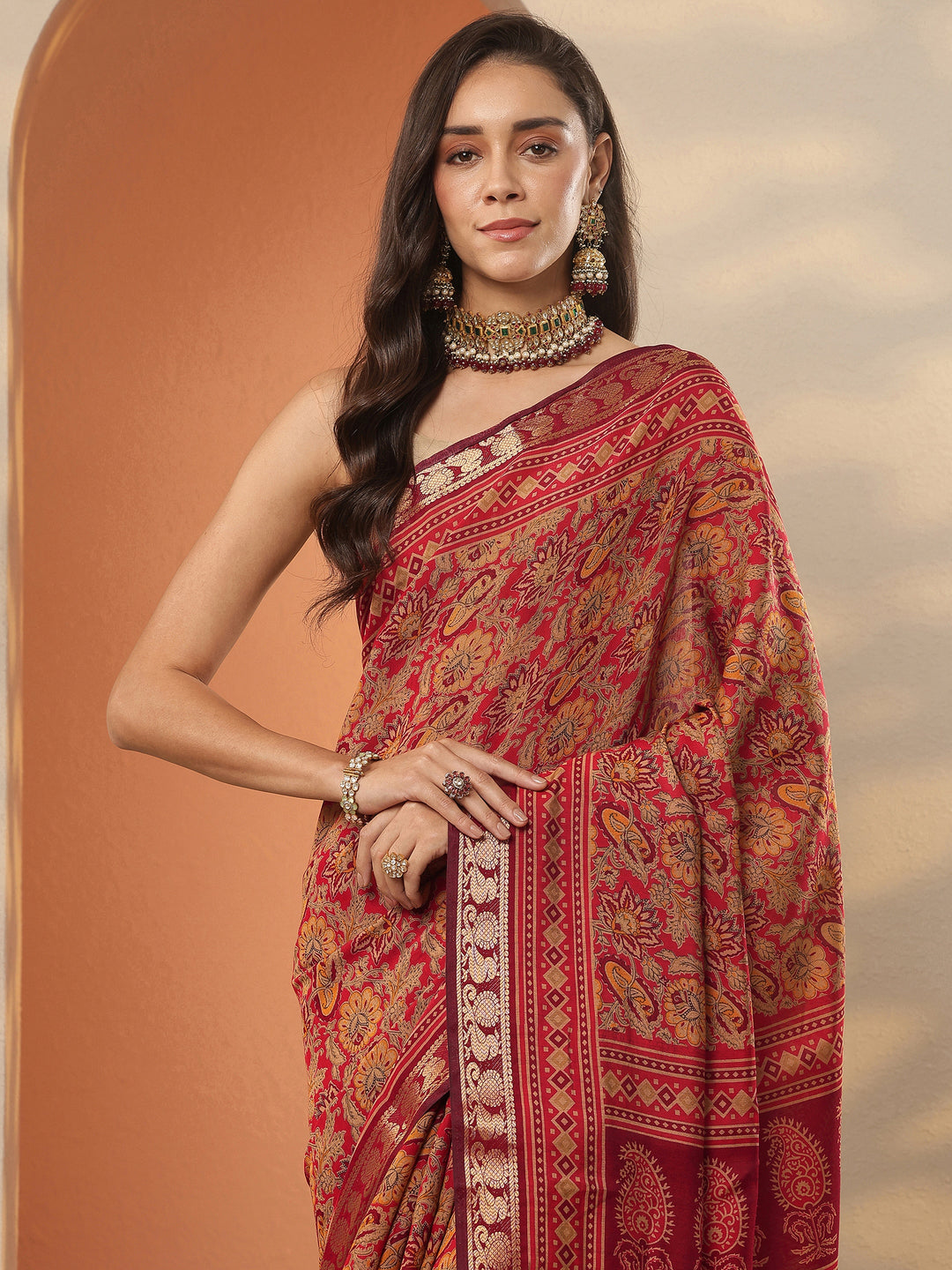  Red Printed Silk Blend Saree With Unstitched Blouse Piece 