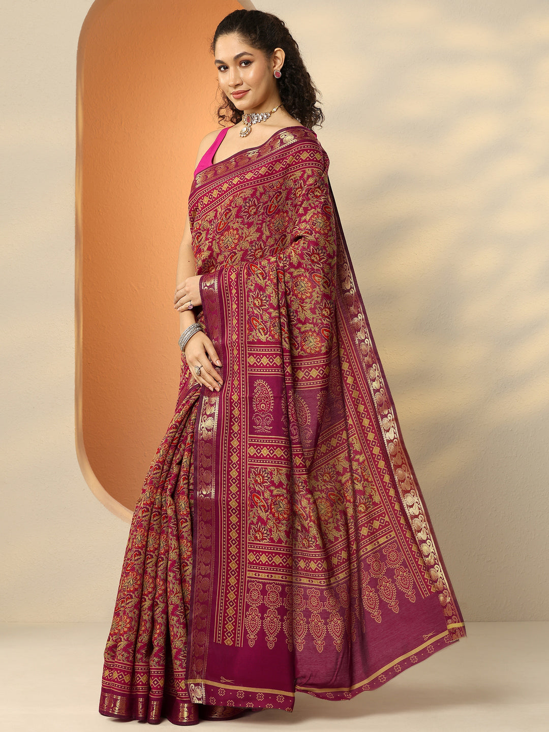  Pink Printed Silk Blend Saree With Unstitched Blouse Piece 