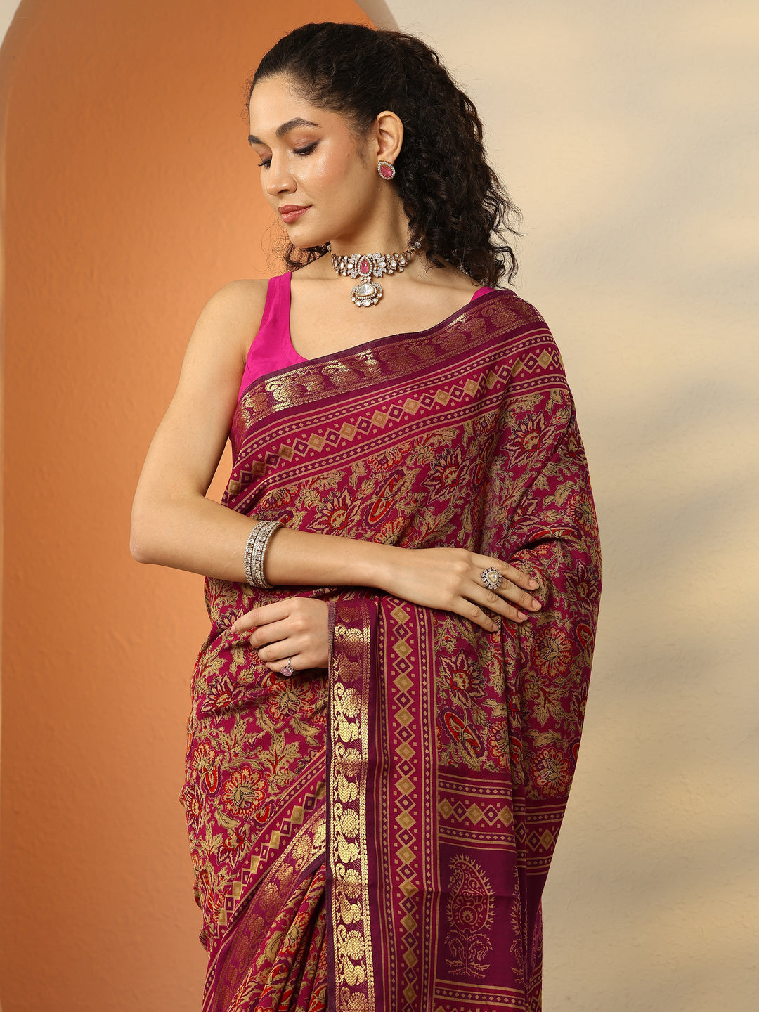  Pink Printed Silk Blend Saree With Unstitched Blouse Piece 