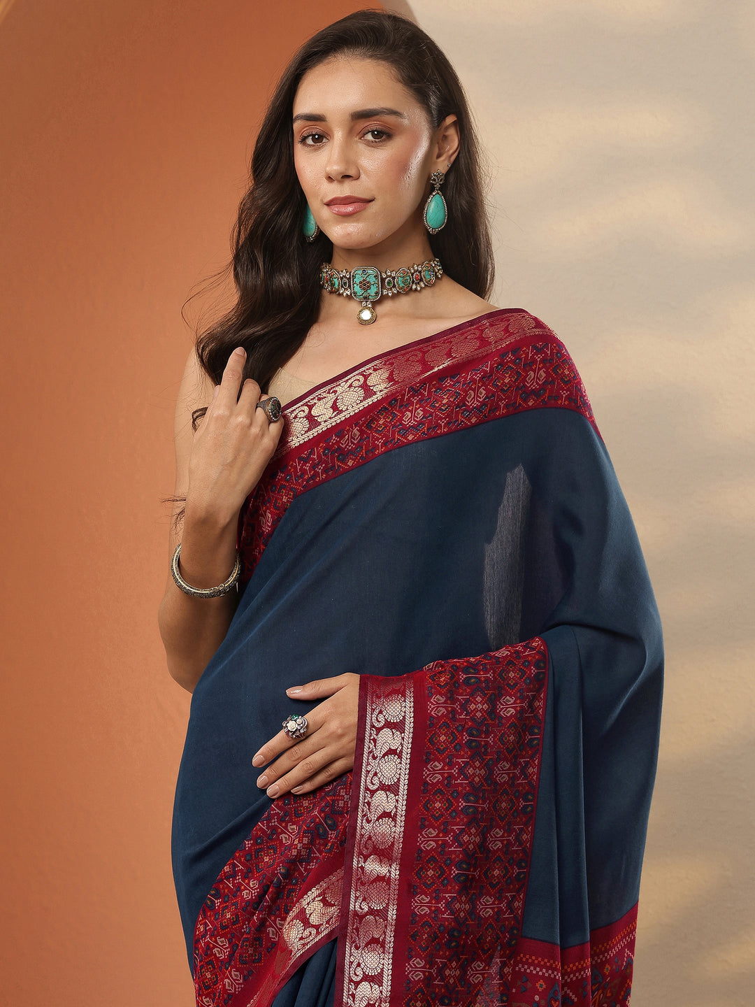  Blue Solid Silk Blend Saree With Unstitched Blouse Piece 
