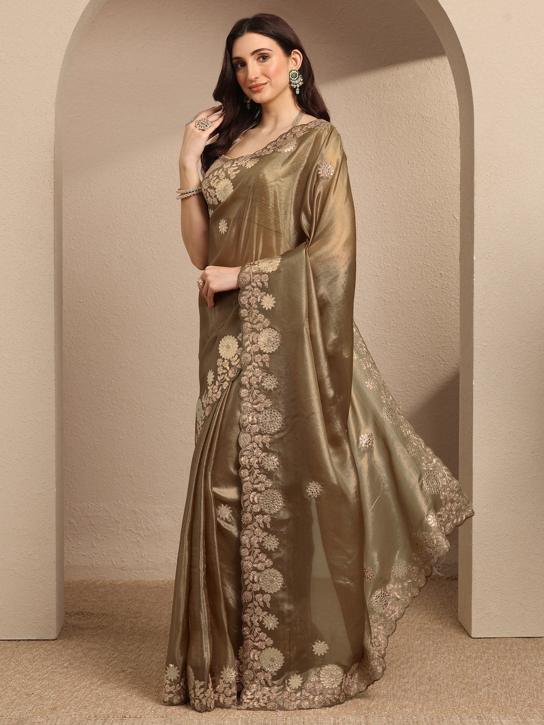  Brown Embroidered Silk Blend Saree With Unstitched Blouse Piece 