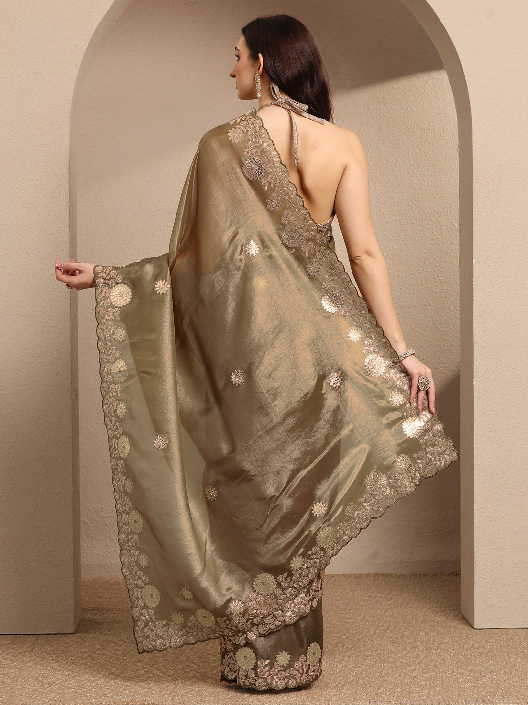  Brown Embroidered Silk Blend Saree With Unstitched Blouse Piece 