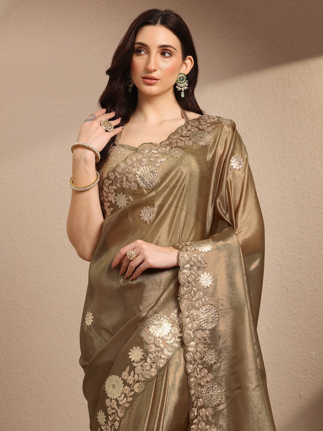  Brown Embroidered Silk Blend Saree With Unstitched Blouse Piece 