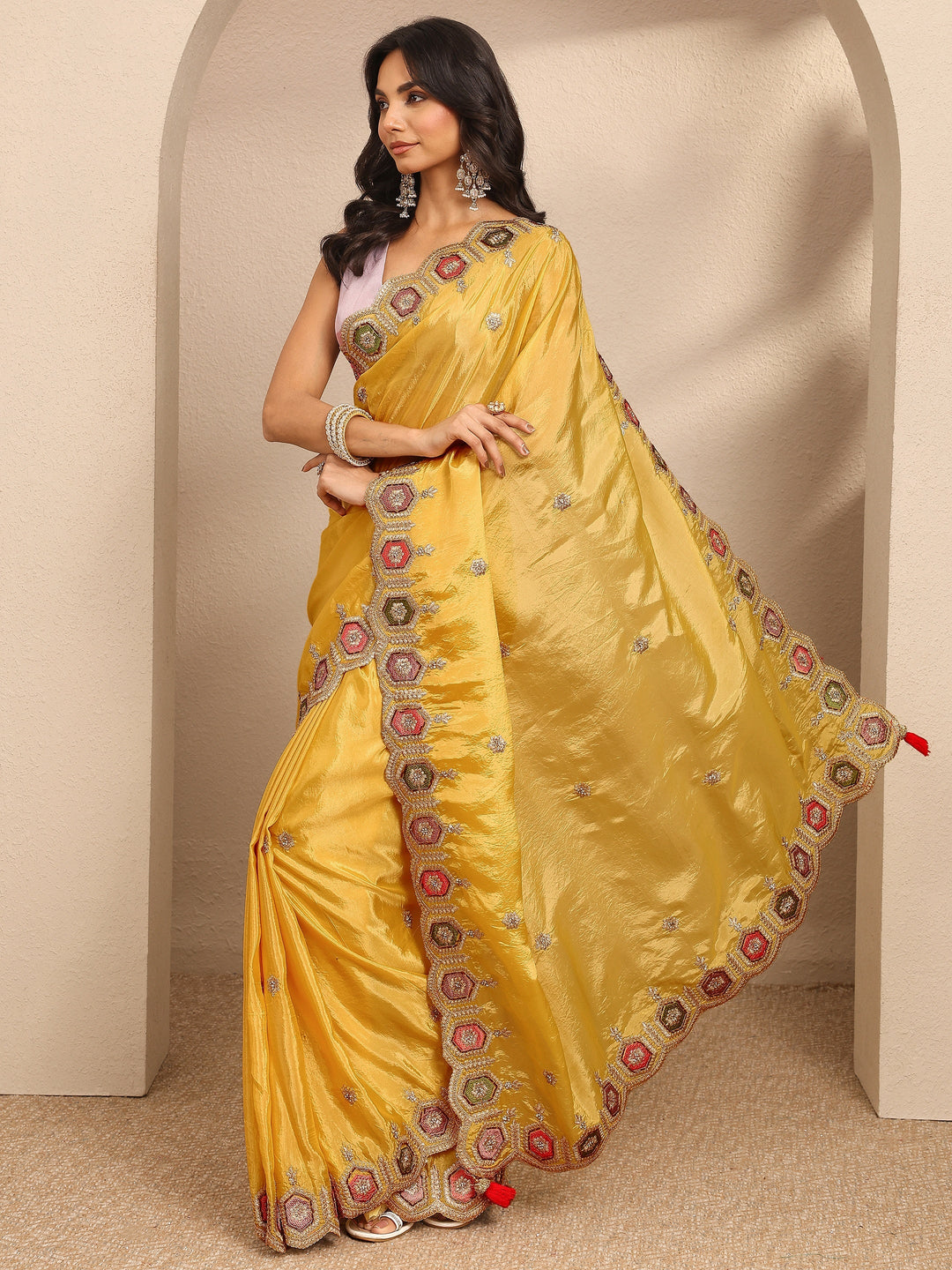  Yellow Embroidered Silk Blend Saree With Unstitched Blouse Piece 