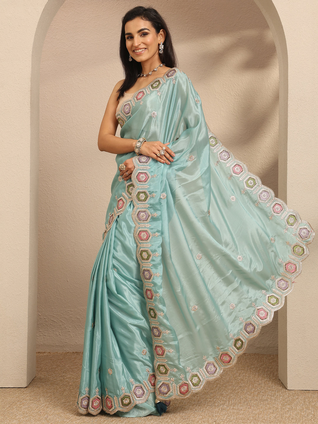  Blue Embroidered Silk Blend Saree With Unstitched Blouse Piece 