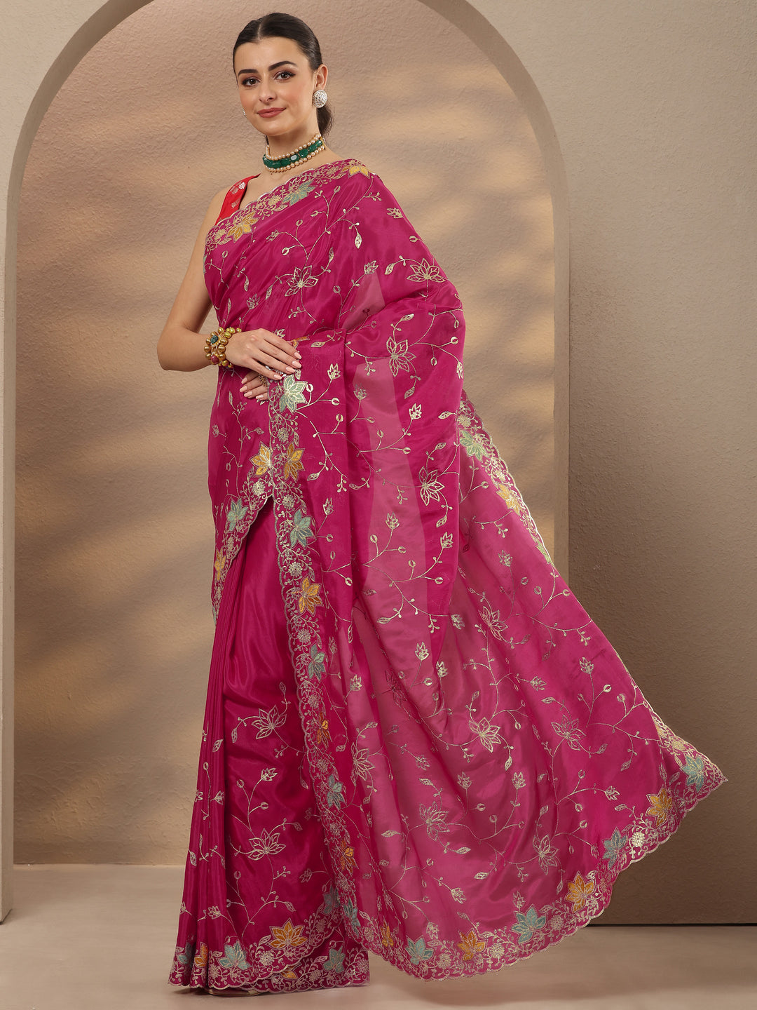  Pink Embroidered Silk Blend Saree With Unstitched Blouse Piece 