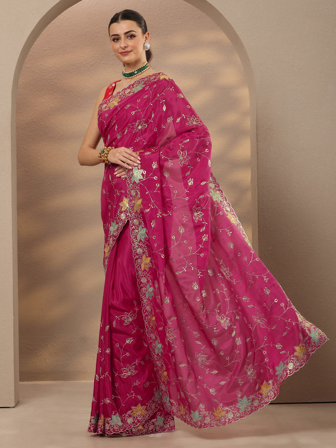  Pink Embroidered Silk Blend Saree With Unstitched Blouse Piece 