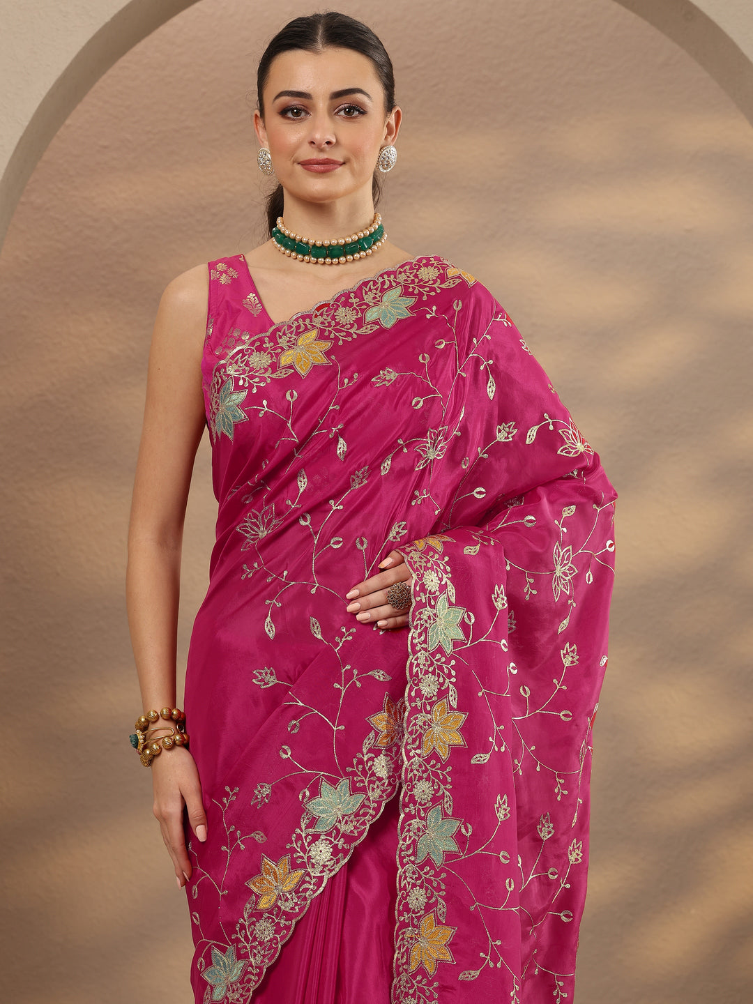  Pink Embroidered Silk Blend Saree With Unstitched Blouse Piece 
