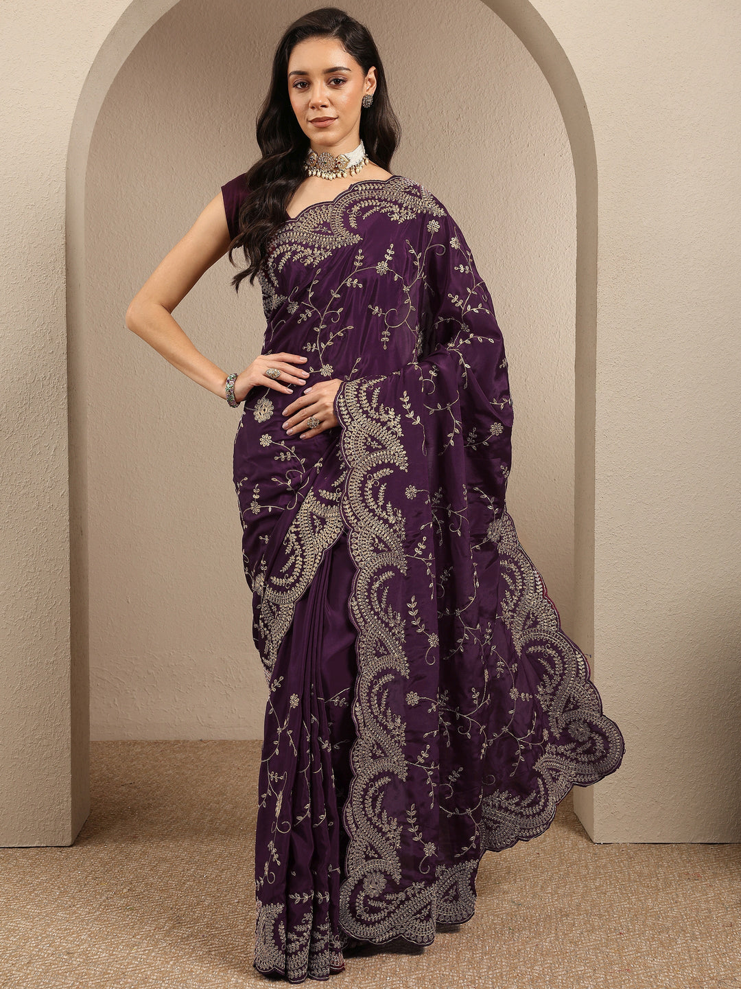  Burgundy Embroidered Silk Blend Saree With Unstitched Blouse Piece 