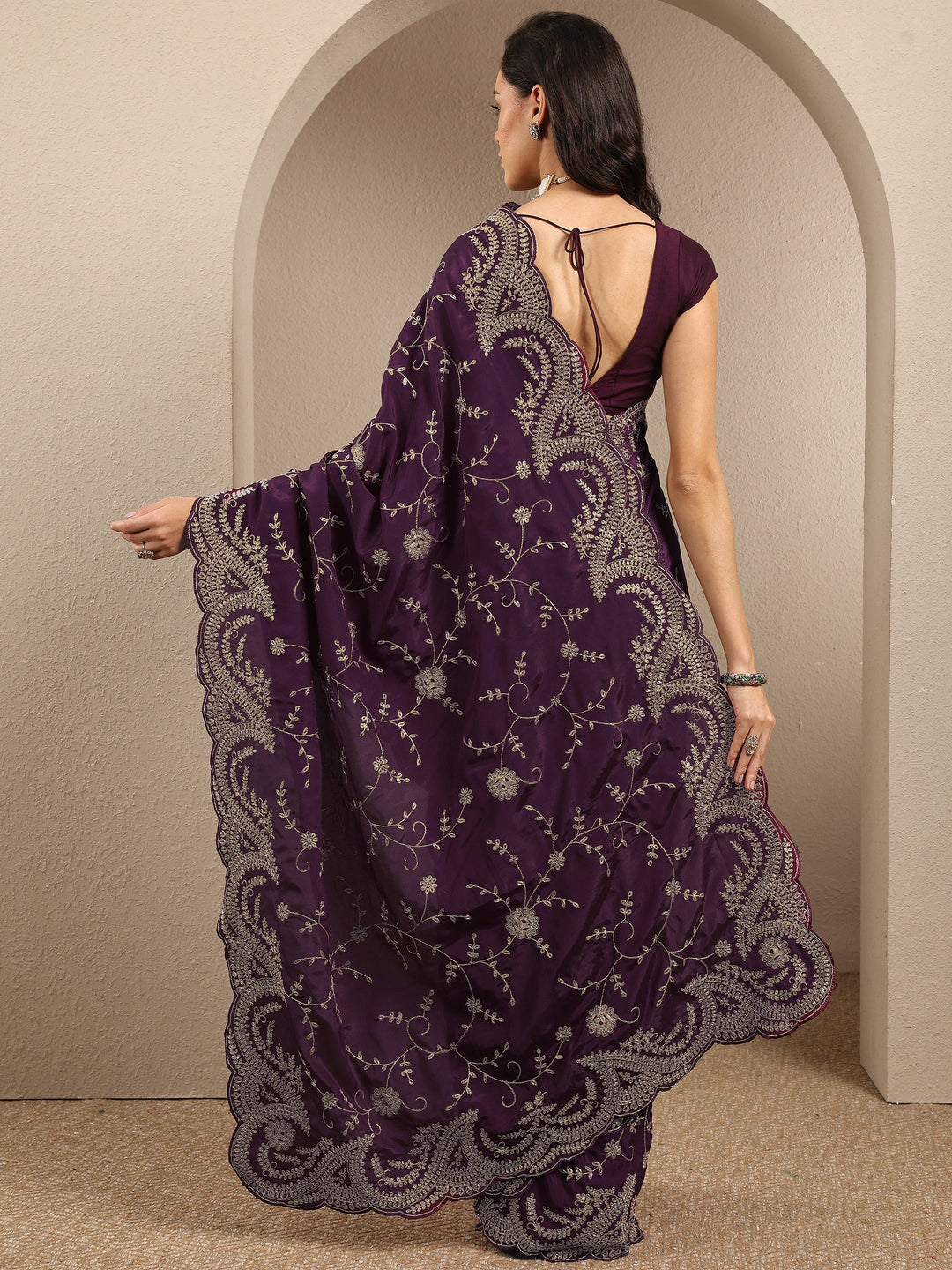  Burgundy Embroidered Silk Blend Saree With Unstitched Blouse Piece 