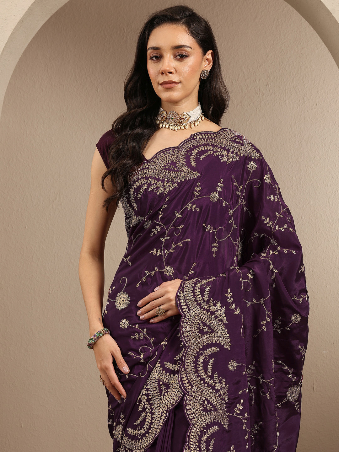  Burgundy Embroidered Silk Blend Saree With Unstitched Blouse Piece 
