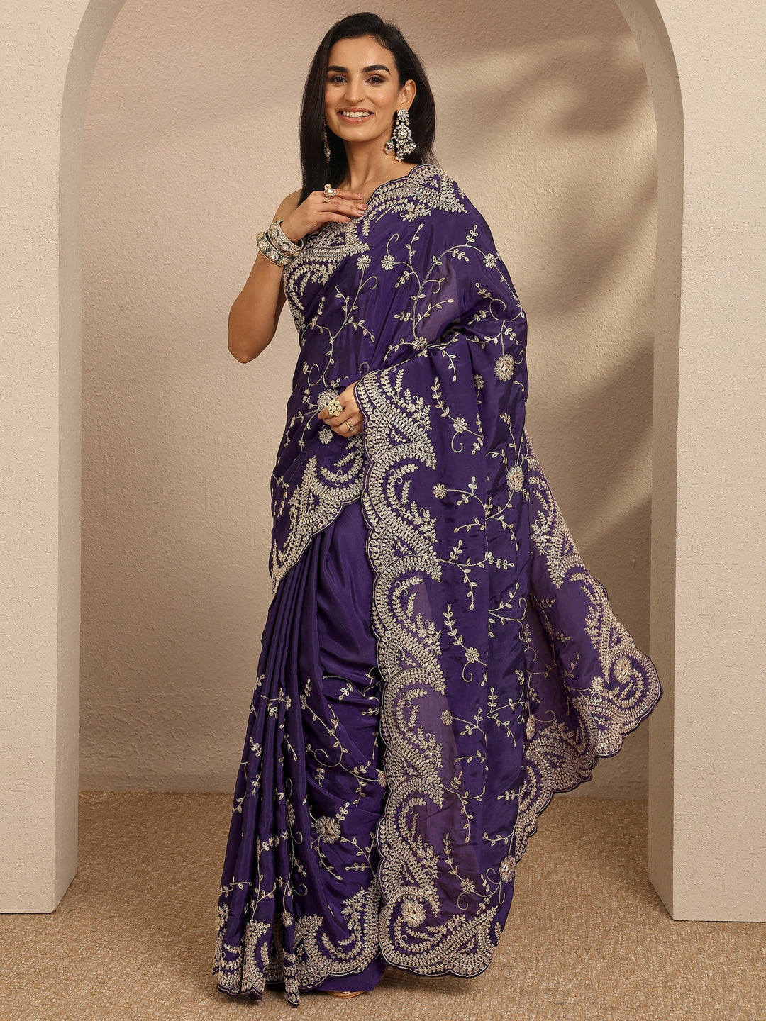  Purple Embroidered Silk Blend Saree With Unstitched Blouse Piece 