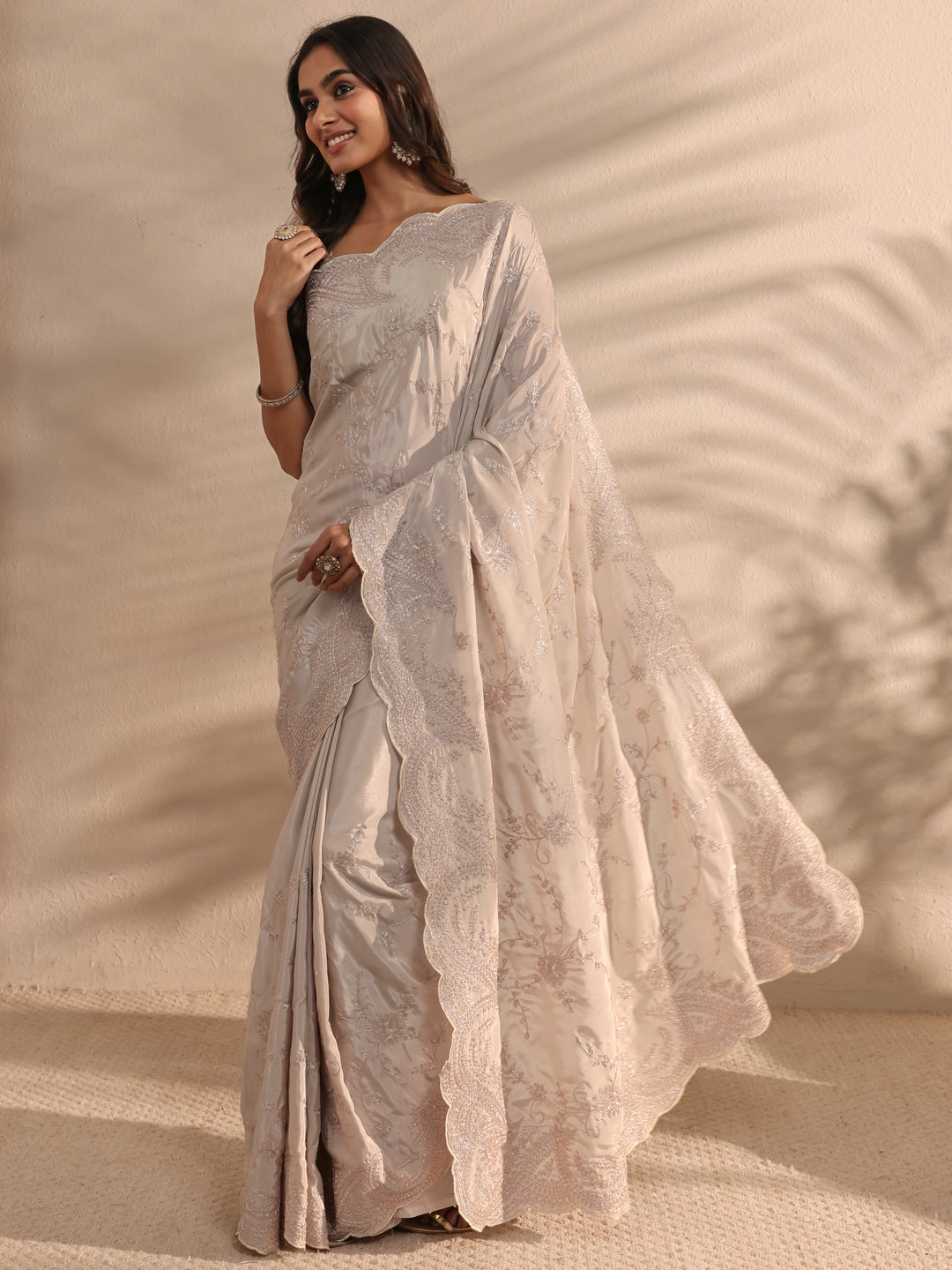  Grey Embellished Silk Blend Saree 
With Unstitched Blouse Piece 