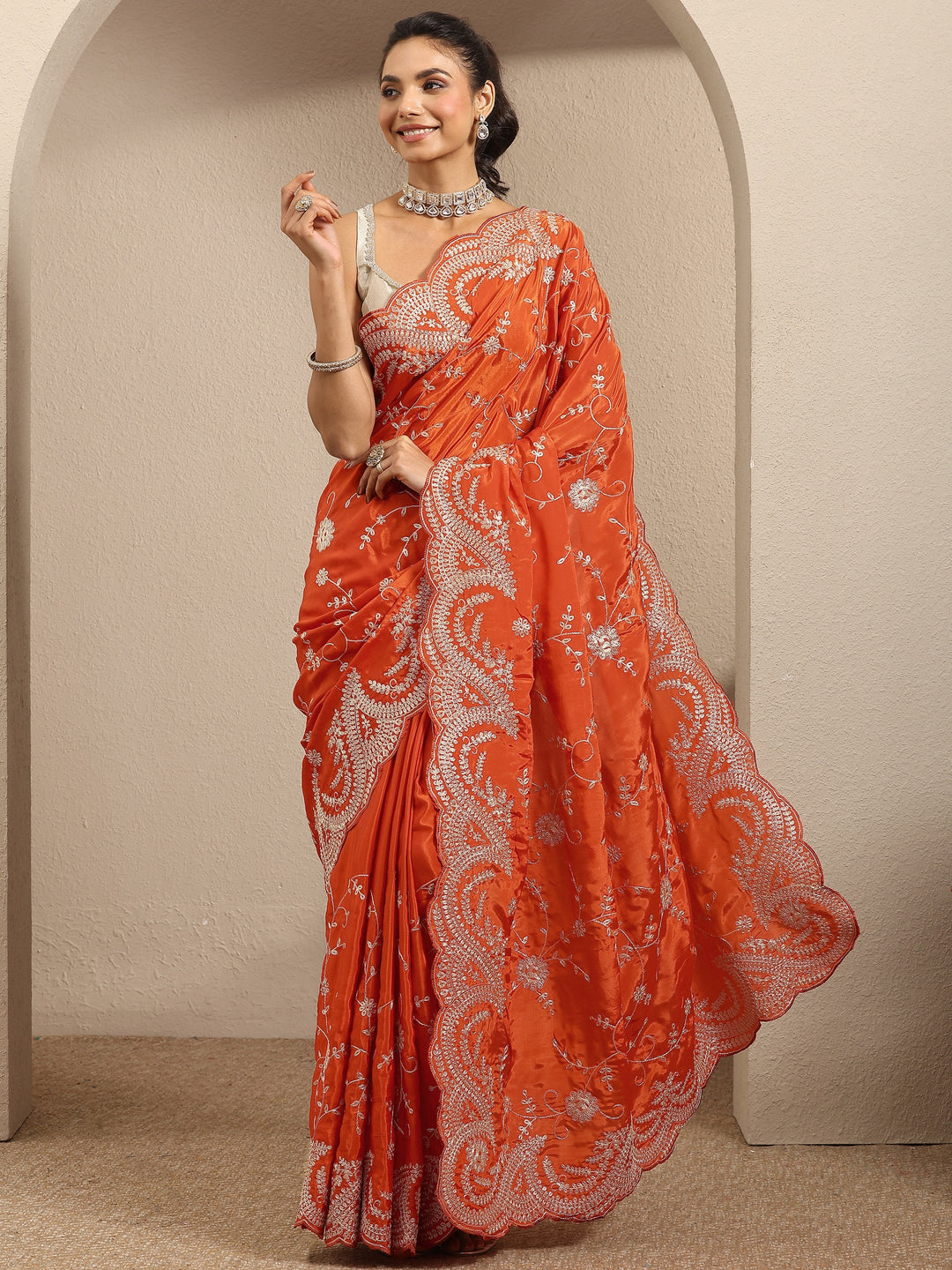  Orange Embroidered Silk Blend Saree With Unstitched Blouse Piece 