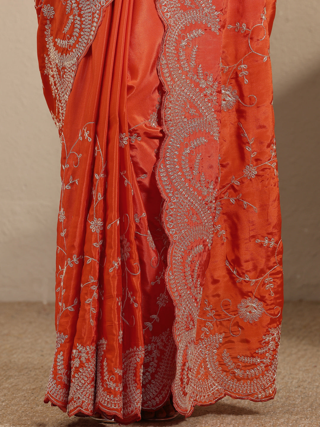  Orange Embroidered Silk Blend Saree With Unstitched Blouse Piece 