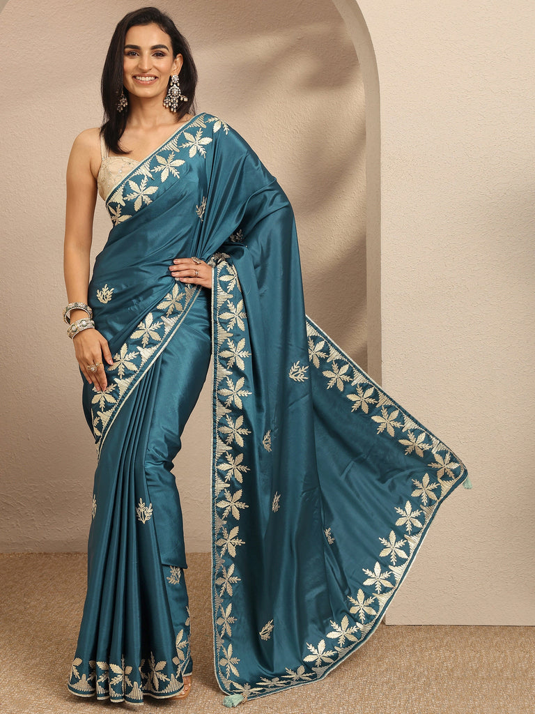 Libas Teal Embroidered Silk Blend Saree With Unstitched Blouse Piece
