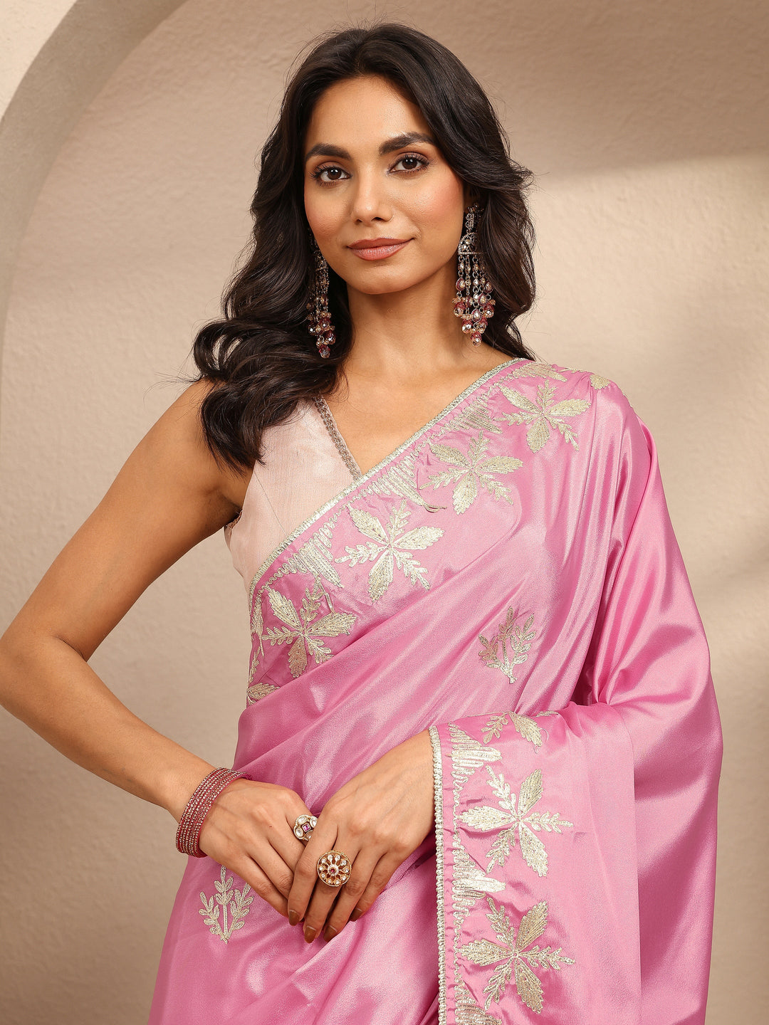  Pink Embroidered Silk Blend Saree With Unstitched Blouse Piece 