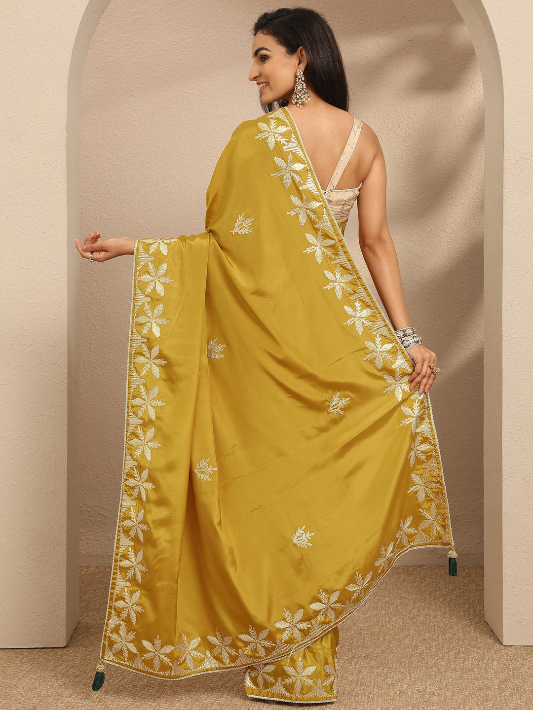  Mustard Embroidered Silk Blend Saree With Unstitched Blouse Piece 
